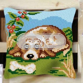 kruissteekkussen hond met bot