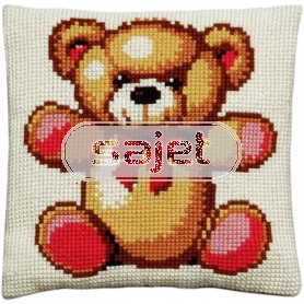 kruissteekkussen teddybeer met rode strik