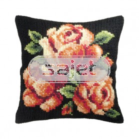 kruissteekkussen oranje rozen op zwart