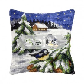 kruissteekkussen wintertafereel, twee vogels