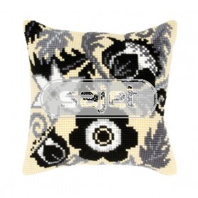 kruissteekkussen zwarte bloemen op wit