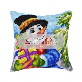 kruissteekkussen sneeuwpop met cadeautjes