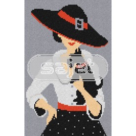 kruissteekwandkleed franse stijl, dame met hoed en terriër