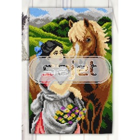 kruissteekwandkleed bloemenmeisje met paard