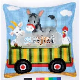kruissteekkussen boerderij, tractor-kar met dieren-2