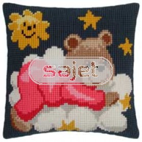 kruissteekkussen teddybeer op wolk, rose
