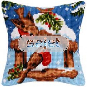 kruissteekkussen roodborstjes bij vogelhuisje