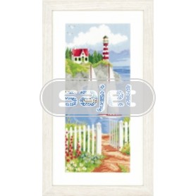 borduurpakket uitzicht, zeilboten in baai