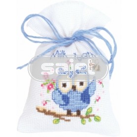 borduurpakket kruidenzakje, taterende uiltjes/blauw