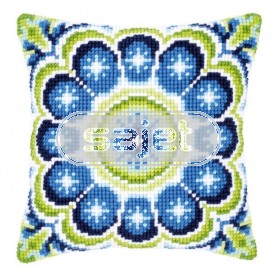 kruissteekkussen blauw/groen rozet