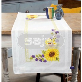kruissteekloper zonnebloemen met blauwe druifjes, wit