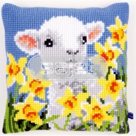 kruissteekkussen lammetje met narcissen