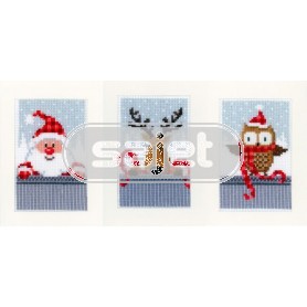 borduurpakket kerstkaart (3 st.) kerstman, kerstuiltje en rendier