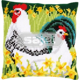 kruissteekkussen haan en kip in het gras