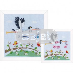 borduurpakket ooievaar, geboorte (incl. blauw/rose garen)