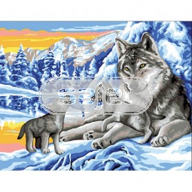 stramien wolf met jongen in wintersfeer