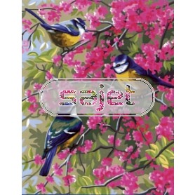 stramien + garenpakket, koolmeesjes met bloemen-2
