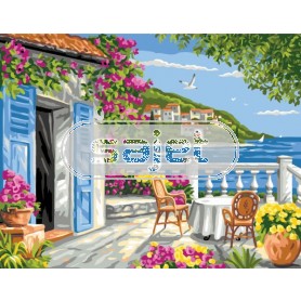stramien + garenpakket, zonnige dag op het terras