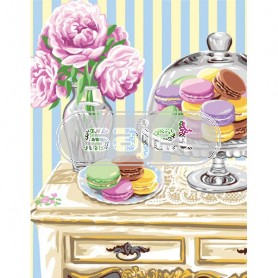 stramien + garenpakket, stilleven, koekjes met bloemen