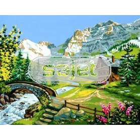 stramien + garenpakket, berglandschap met bruggetje