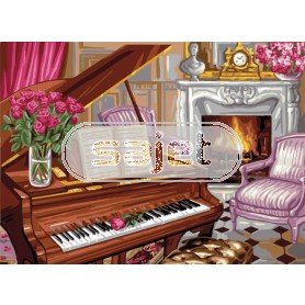 stramien + garenpakket, pianoscene met rozen