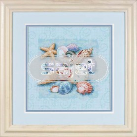 borduurpakket schelpen op blauw