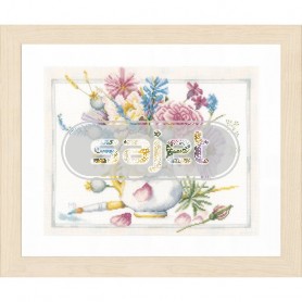 borduurpakket marjolein bastin, witte pot/penseel met bloemen