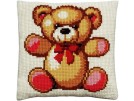 kruissteekkussen teddybeer met rode strik
