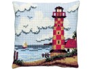 kruissteekkussen strandgezicht met vuurtoren