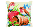 kruissteekkussen roodborstjes/bloempotten in wintersfeer