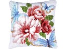 kruissteekkussen blauwe vlinders met bloemen